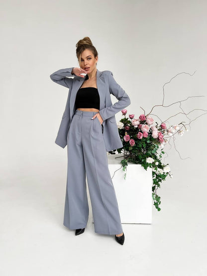 Gray Palazzo Suit Women Diagonal Crepe Tailored Blazer and Wide Leg Trousers