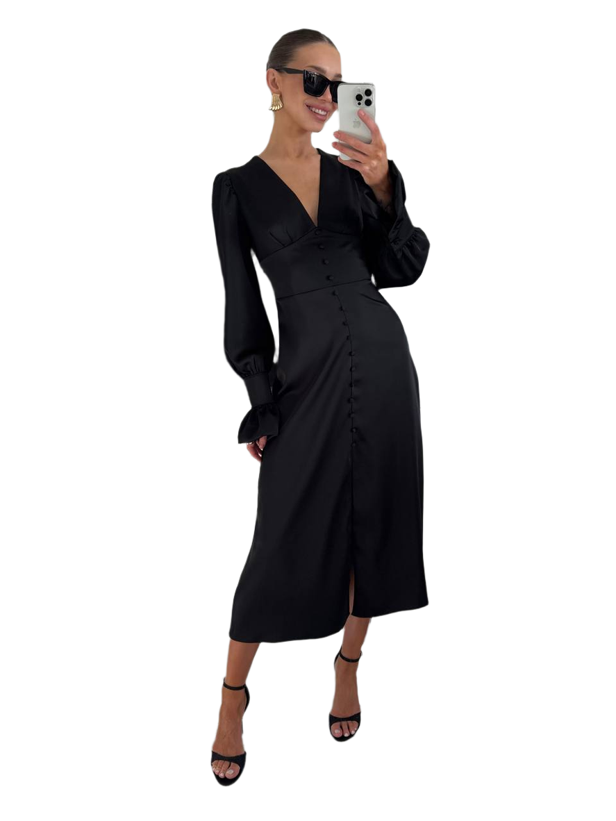 Elegant Black Satin Midi Dress with Long Sleeves and Button Detail