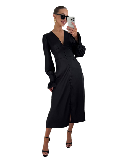 Elegant Black Satin Midi Dress with Long Sleeves and Button Detail