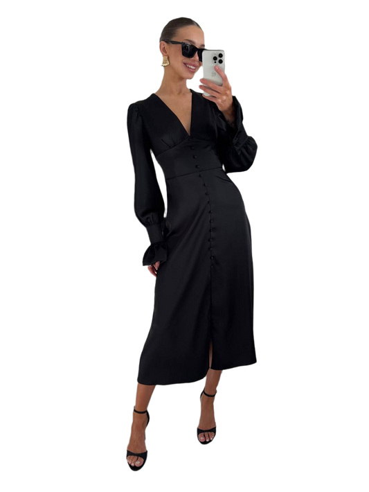 Elegant Black Satin Midi Dress with Long Sleeves and Button Detail