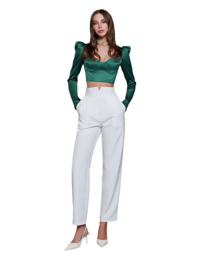 Women Cream Suit Crepe Diagonal Pants High Waist