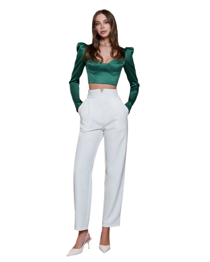 Women Cream Suit Crepe Diagonal Pants High Waist