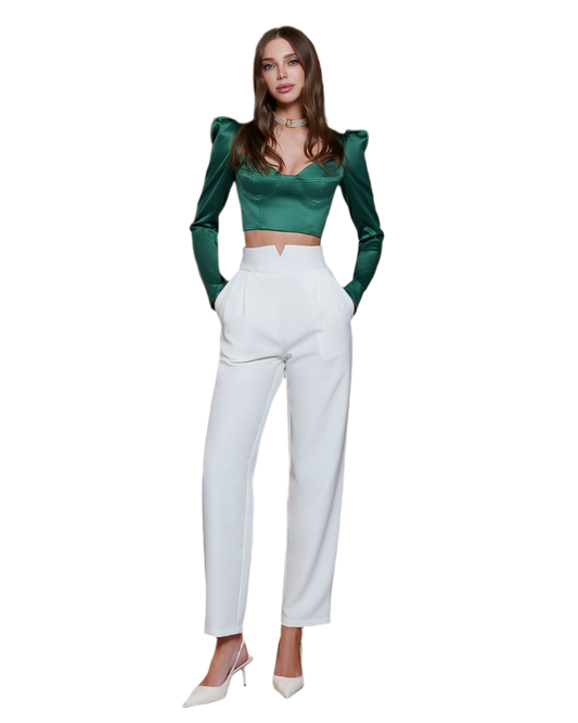Women Cream Suit Crepe Diagonal Pants High Waist