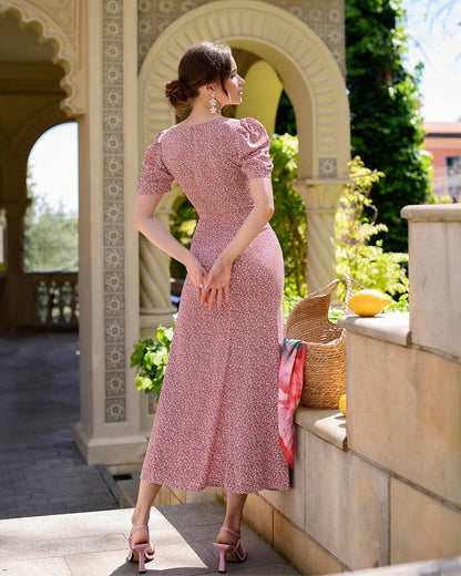 Women Floral Print Midi Dress with Puff Sleeves