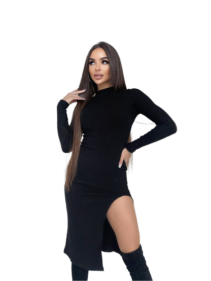 Woman wearing a black long-sleeve top and skirt on a white background
