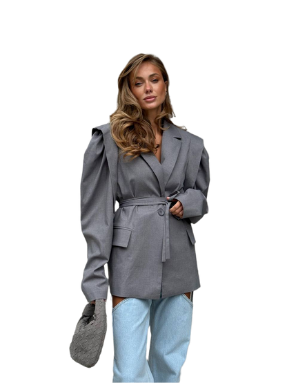 Womens Fitted Grey Blazer with Structured Shoulders and Waist Tie