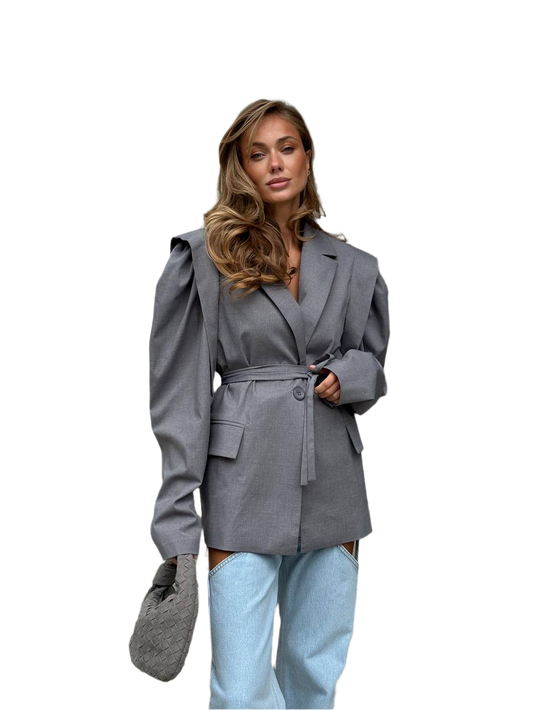 Womens Fitted Grey Blazer with Structured Shoulders and Waist Tie