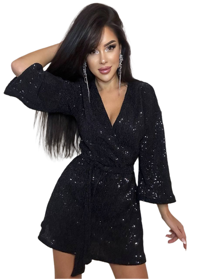 Women Mini Dress in Black Stretch Crimped Sequin Fabric