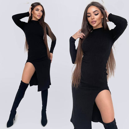 Two images of a woman wearing a black dress with a slit, posing against a white background.