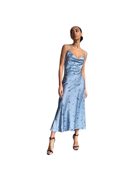 Silk Floral Print Midi Dress for Women Blue