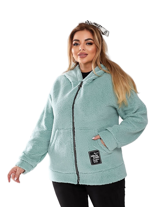 Teddy Zip Jacket Eco Fur Mint Oversized Sherpa Fleece Hooded Coat