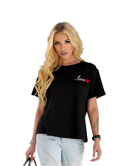 Black Womens T-Shirt with Cherry Embroidery Love Heart