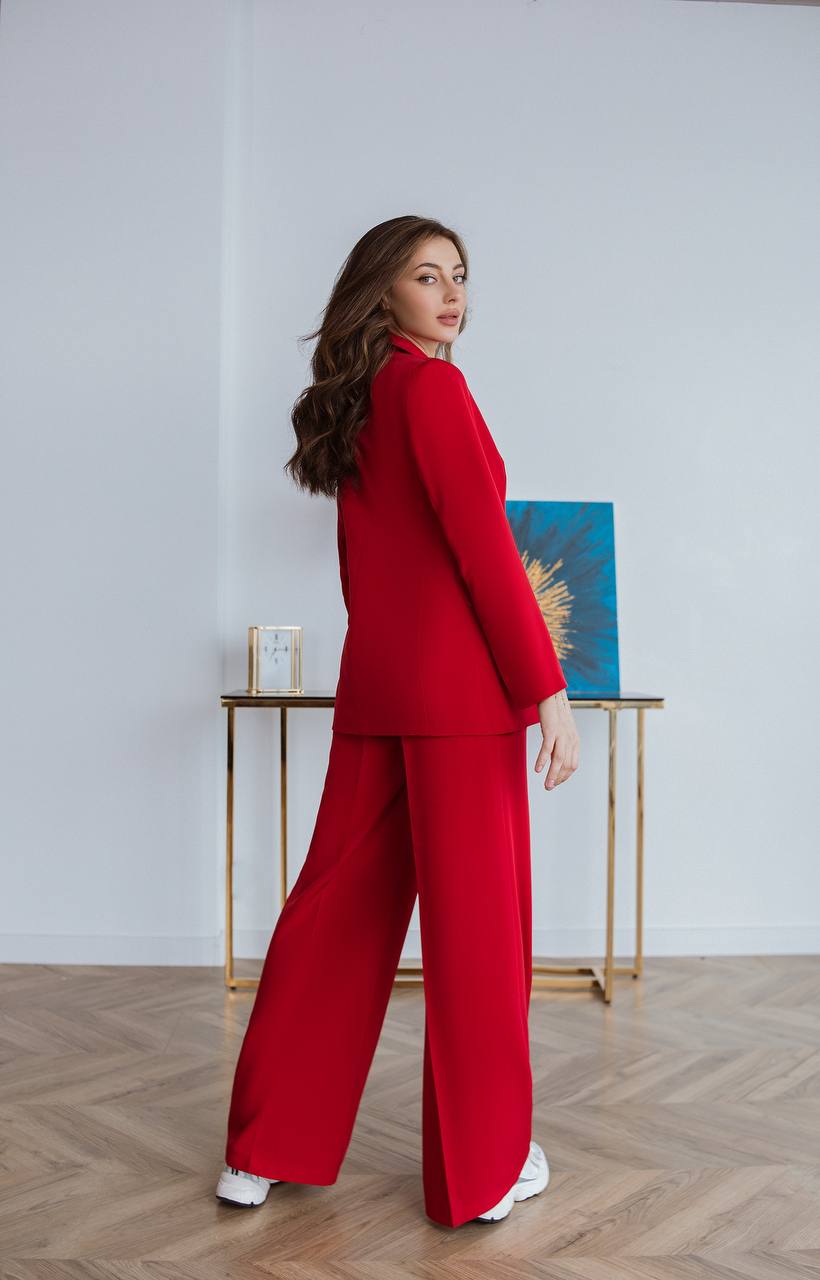 Red Diagonal Crepe Palazzo Suit Women Tailored Blazer Wide Leg Pants
