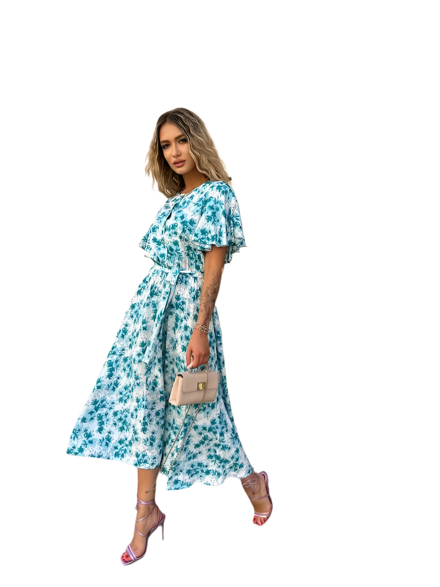 Woman wearing a blue floral dress on a white background