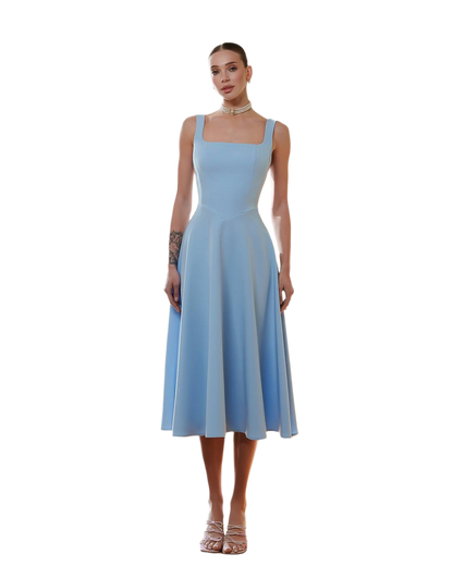 Elegant Blue Midi Dress in Premium Suit Crepe-Diagonal Fabric