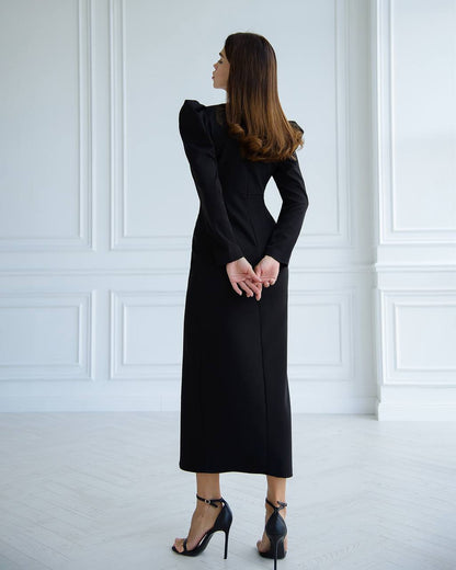 Elegant Black Midi Dress Women Puff Sleeve Crepe Diagonal Fabric