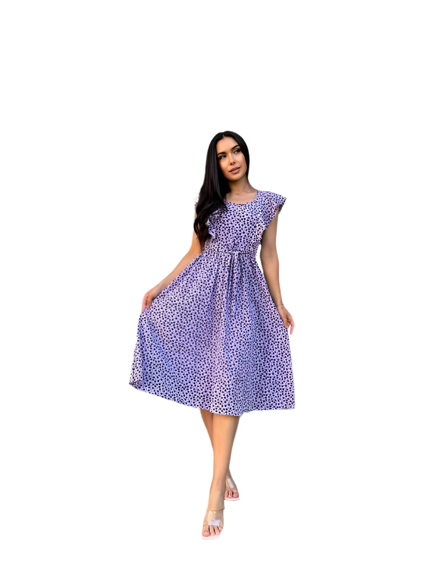 Purple Floral Print Midi Dress with Fabric Belt and Pockets