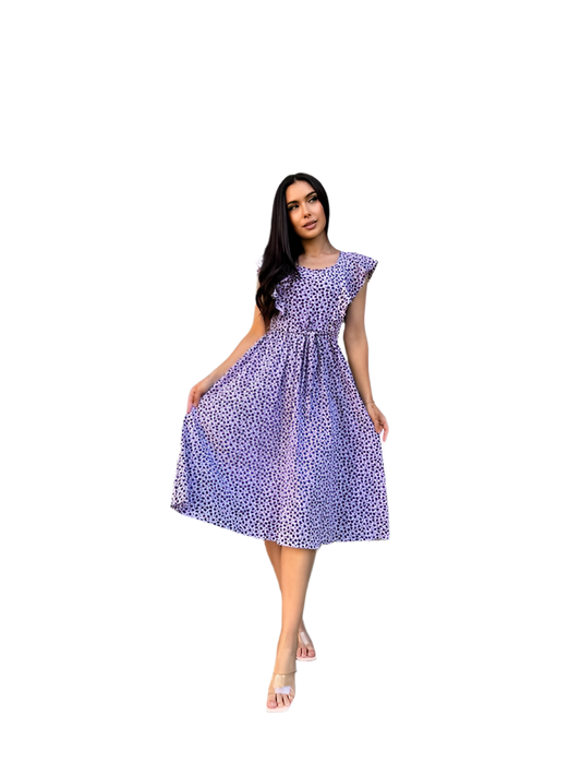 Purple Floral Print Midi Dress with Fabric Belt and Pockets