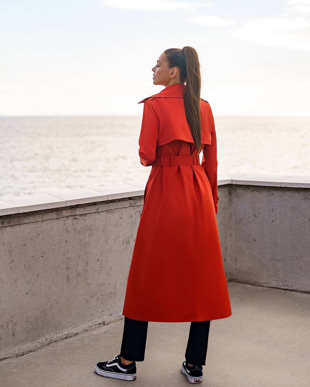 Stylish Red Trench Coat with Pockets and Belt for Women's Fashion