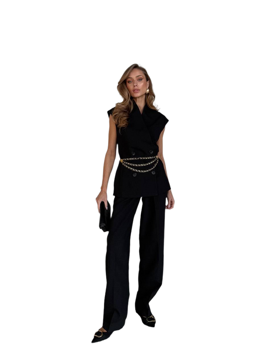 Elegant Black Two-Piece Women Suit with High Waist Pants and Sleeveless Double-Breasted Vest