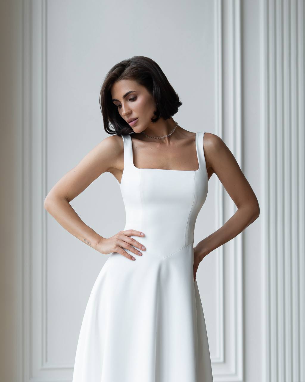 Elegant White Midi Dress Premium Suit Crepe-Diagonal