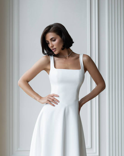 Elegant White Midi Dress Premium Suit Crepe-Diagonal
