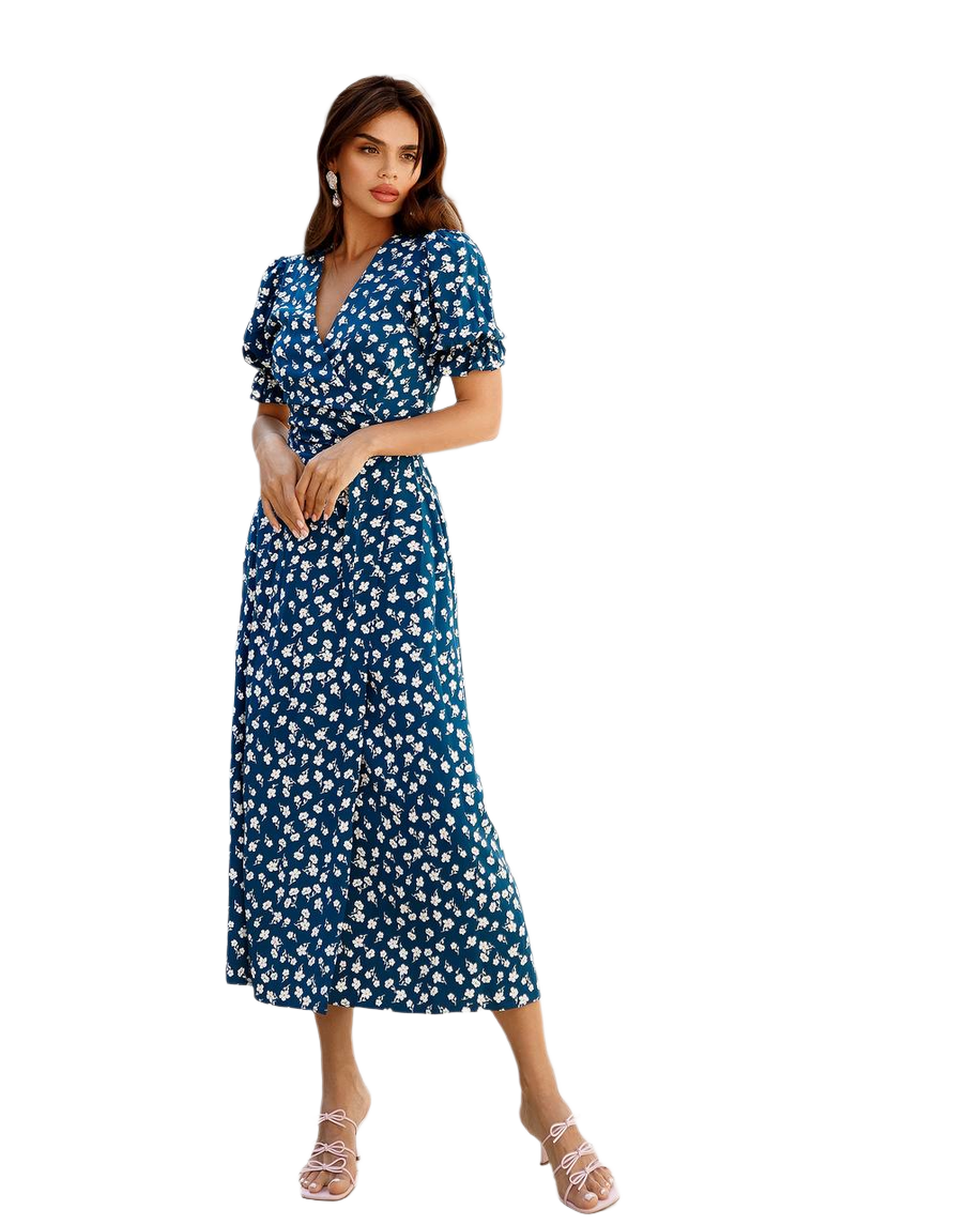 Elegant Blue Floral Midi Dress with Puff Sleeves