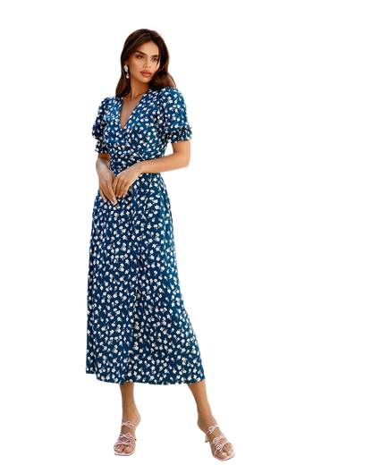 Elegant Blue Floral Midi Dress with Puff Sleeves