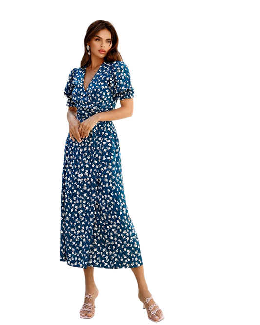 Elegant Blue Floral Midi Dress with Puff Sleeves
