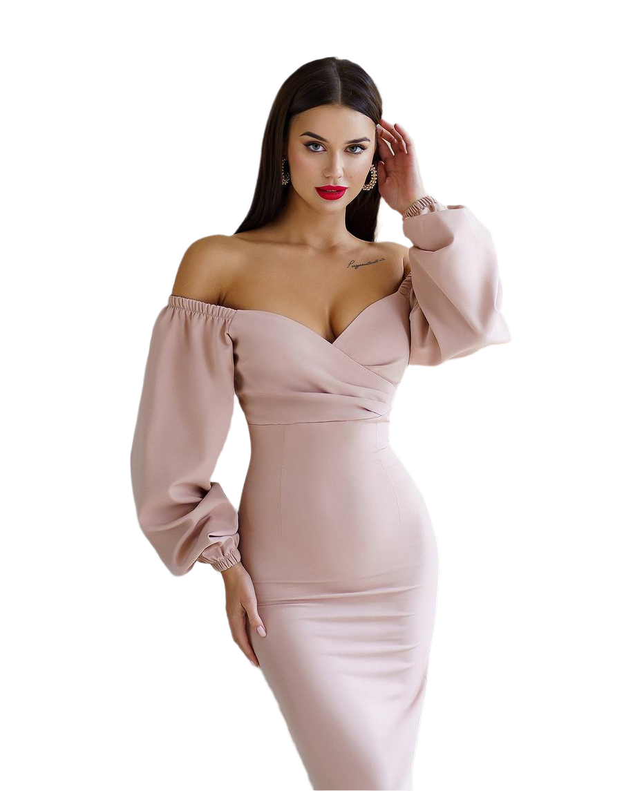 Woman wearing a beige off-shoulder dress with puffed sleeves on a white background