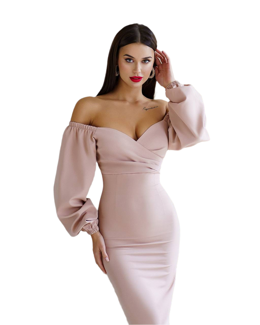 Woman wearing a beige off-shoulder dress with puffed sleeves on a white background