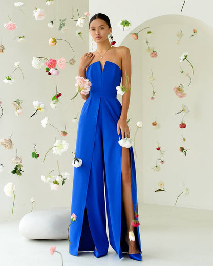 Blue Women Jumpsuit Bridal Wedding Bridesmaid Prom Graduation Rehearsal Dinner Corset Top Wide Pants Cullotes Palazzo