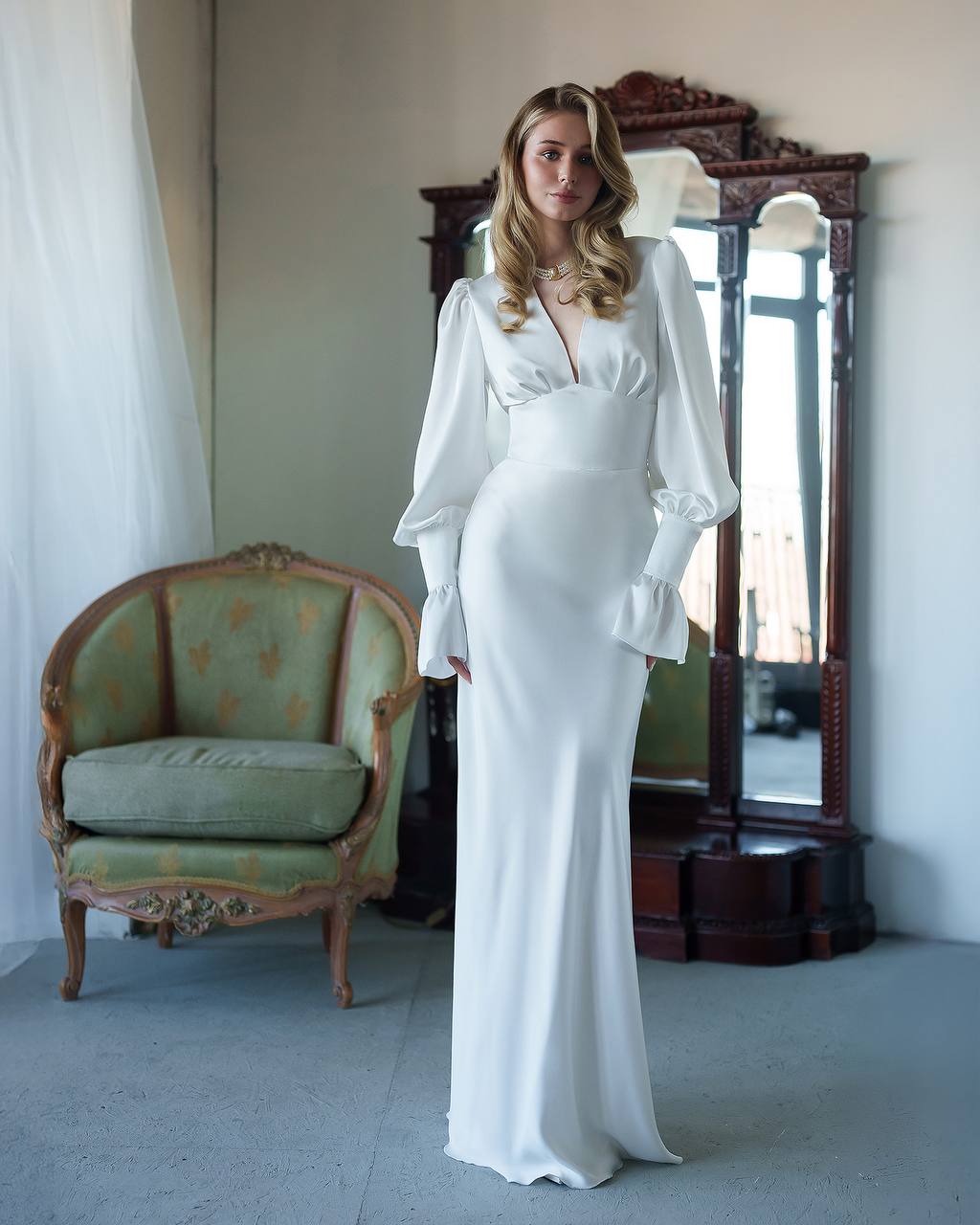 Elegant Long Satin Dress with Ruffle Sleeves for Women