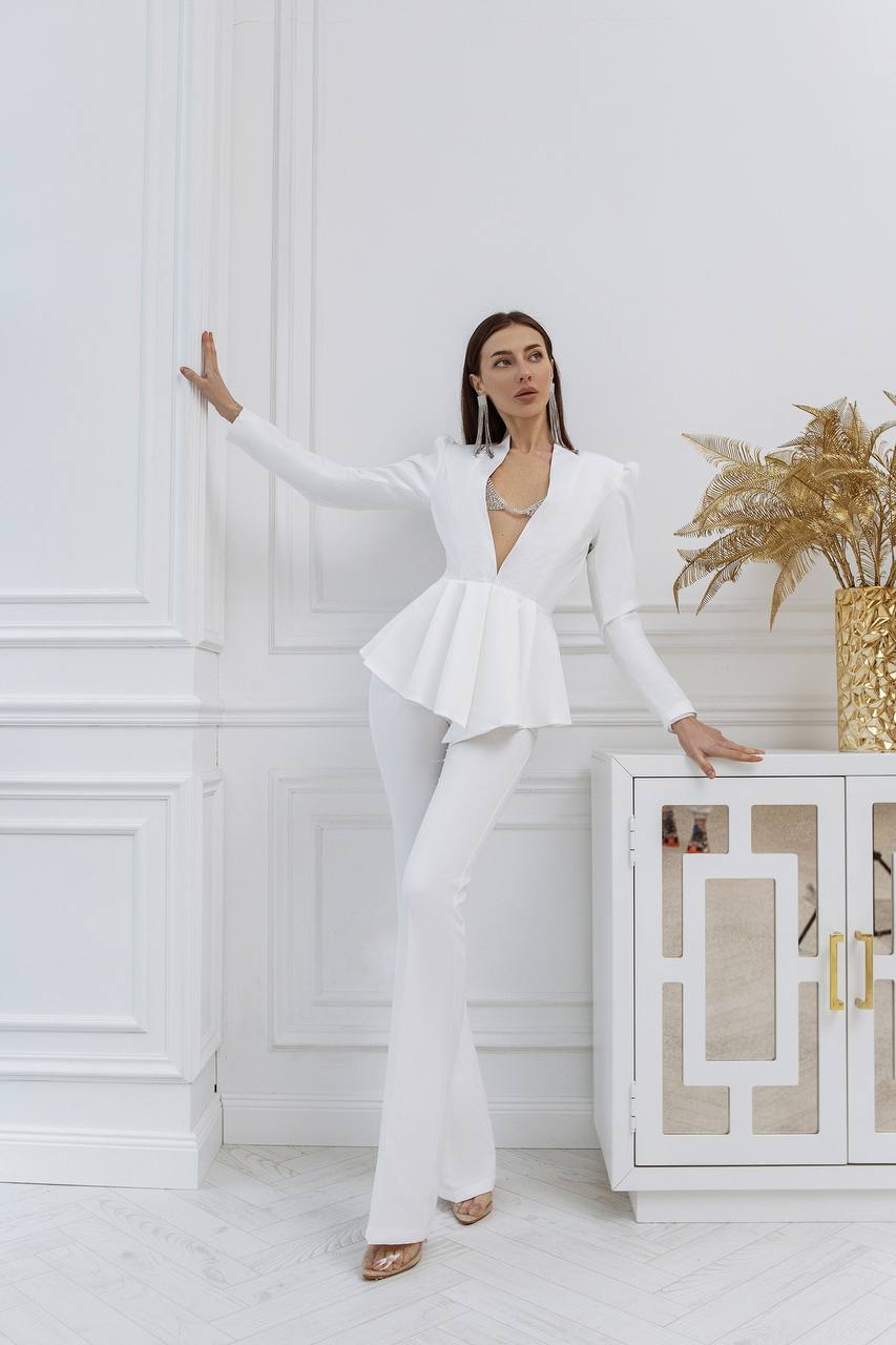 White Women Wedding Suit Bridal Elegant Cocktail Graduation Pantsuit Peplum Jacket High Waist Palazzo Pants