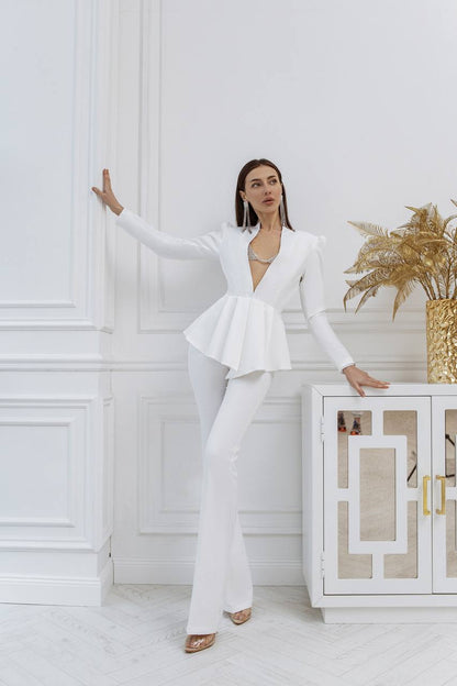 White Women Wedding Suit Bridal Elegant Cocktail Graduation Pantsuit Peplum Jacket High Waist Palazzo Pants