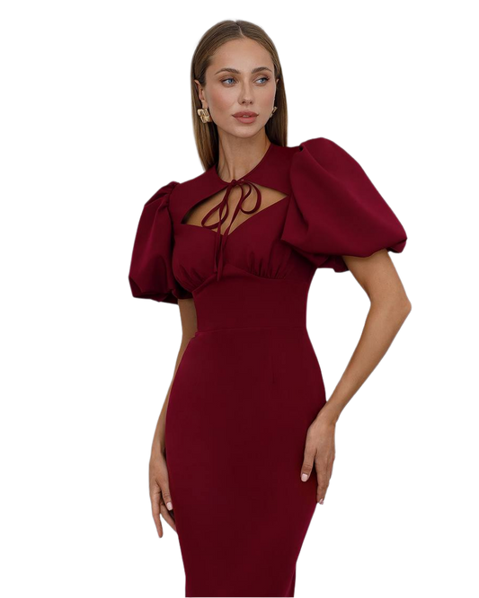Elegant Burgundy Midi Dress with Puff Sleeves for Women
