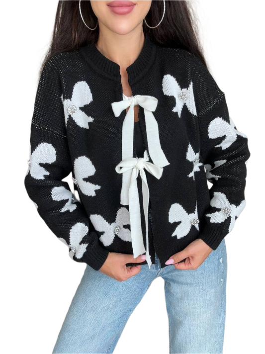 Womens Black Fine Knit Bow Cardigan with White Bows and Crystal Buttons