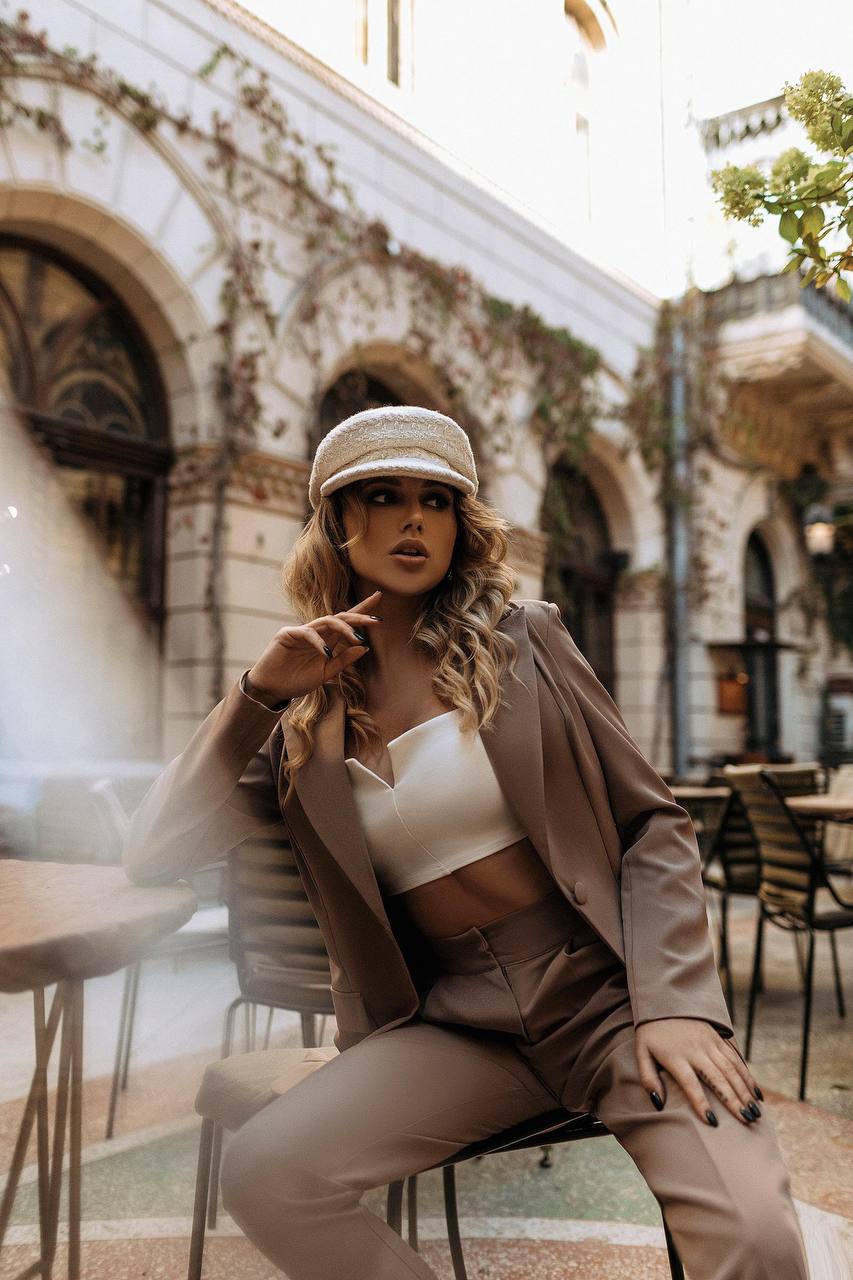 Elegant Womens Suit Jacket and Trousers Set in Soft Brown Crepe Diagonal