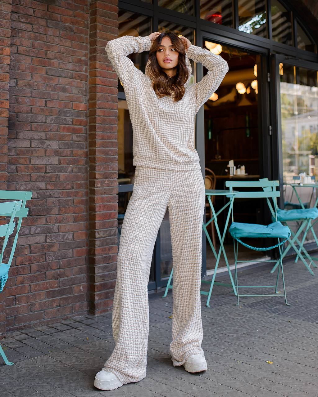 Womens Dense Knit Houndstooth Pattern Suit Imitation Rabbit Fur Beige