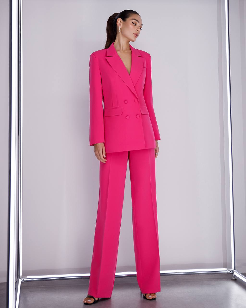Prom Bridal Wedding Cocktail Graduation Pink Three-Piece Women Suit Jacket Top Trousers Pantsuit Palazzo Pants