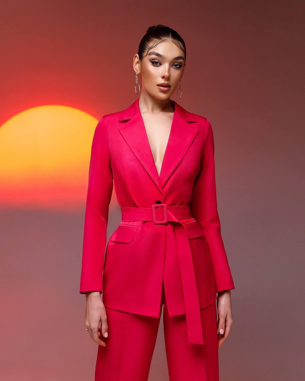 Womens Tailored Blazer and Wide Leg Trouser Suit in Diagonal Suiting Crepe