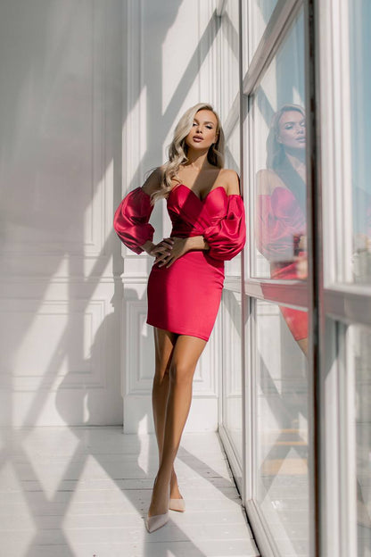 Crystal Red Off Shoulder Mango Satin Mini Dress Puff Sleeve Cocktail Dress