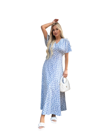 Lightweight Midi Summer Dress Blue Floral Print