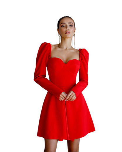 Womens Red Mini Dress Long Sleeve Premium Crepe Fabric