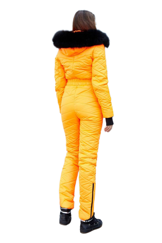 Bright Yellow Insulated Women's Ski Jumpsuit with Black Fox Fur Hood Trim