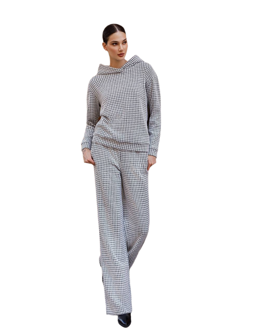 Womens Houndstooth Pattern Knit Suit with Hoodie and Pants