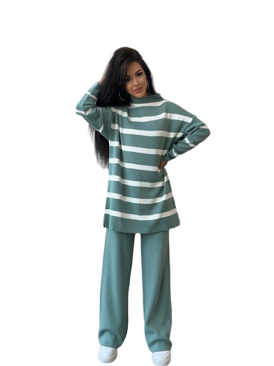 Fine Knit Wide Stripe Suit for Women Green and White