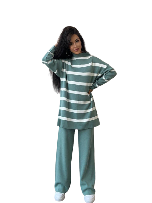 Fine Knit Wide Stripe Suit for Women Green and White