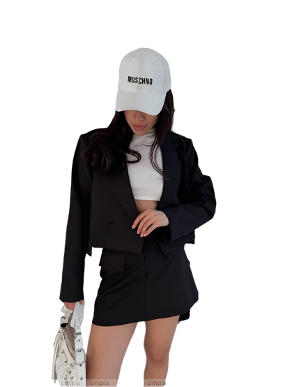 Elegant 2 in 1 Black Blazer and Skirt-Shorts Suit
