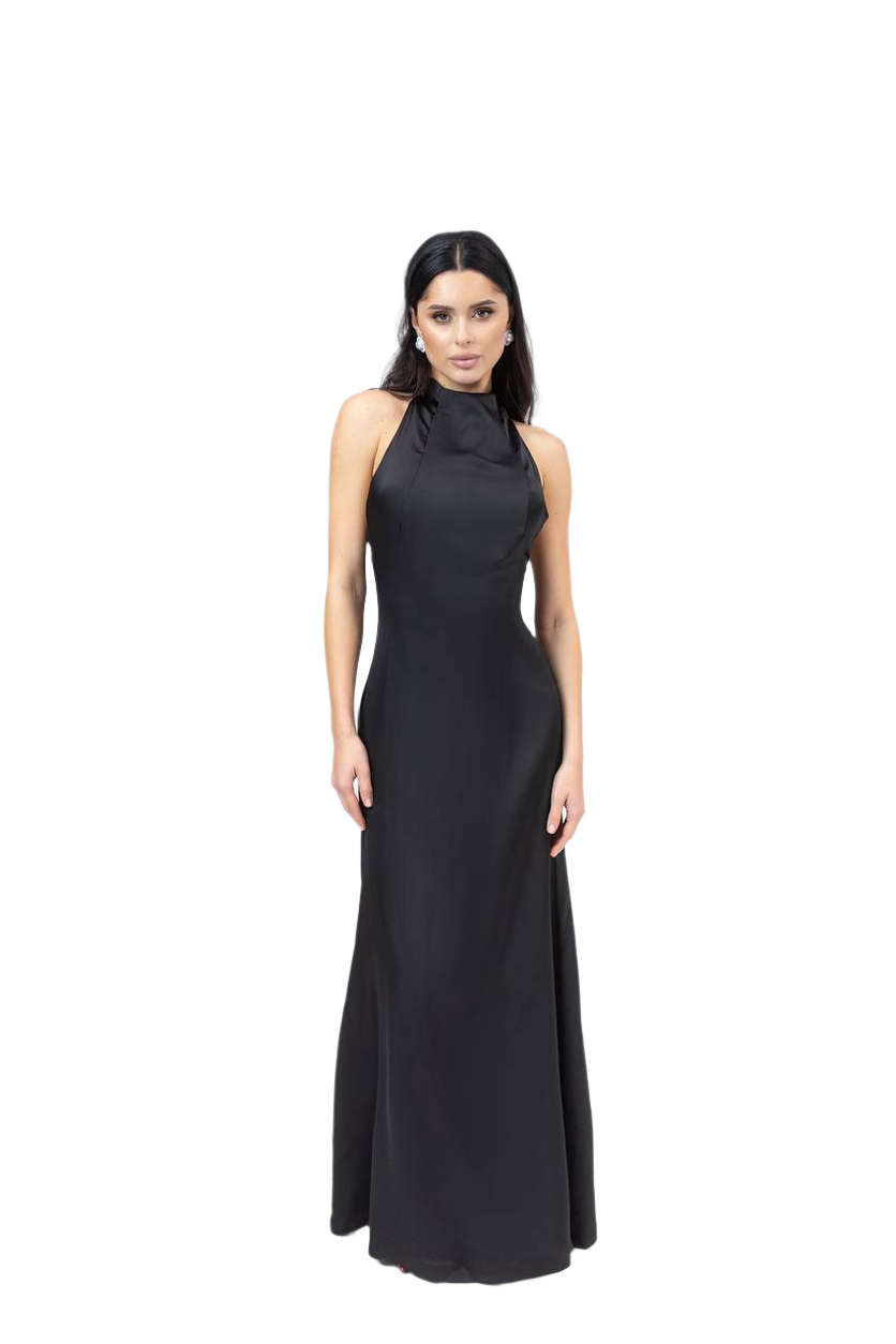 Woman wearing a black halter neck gown on a white background
